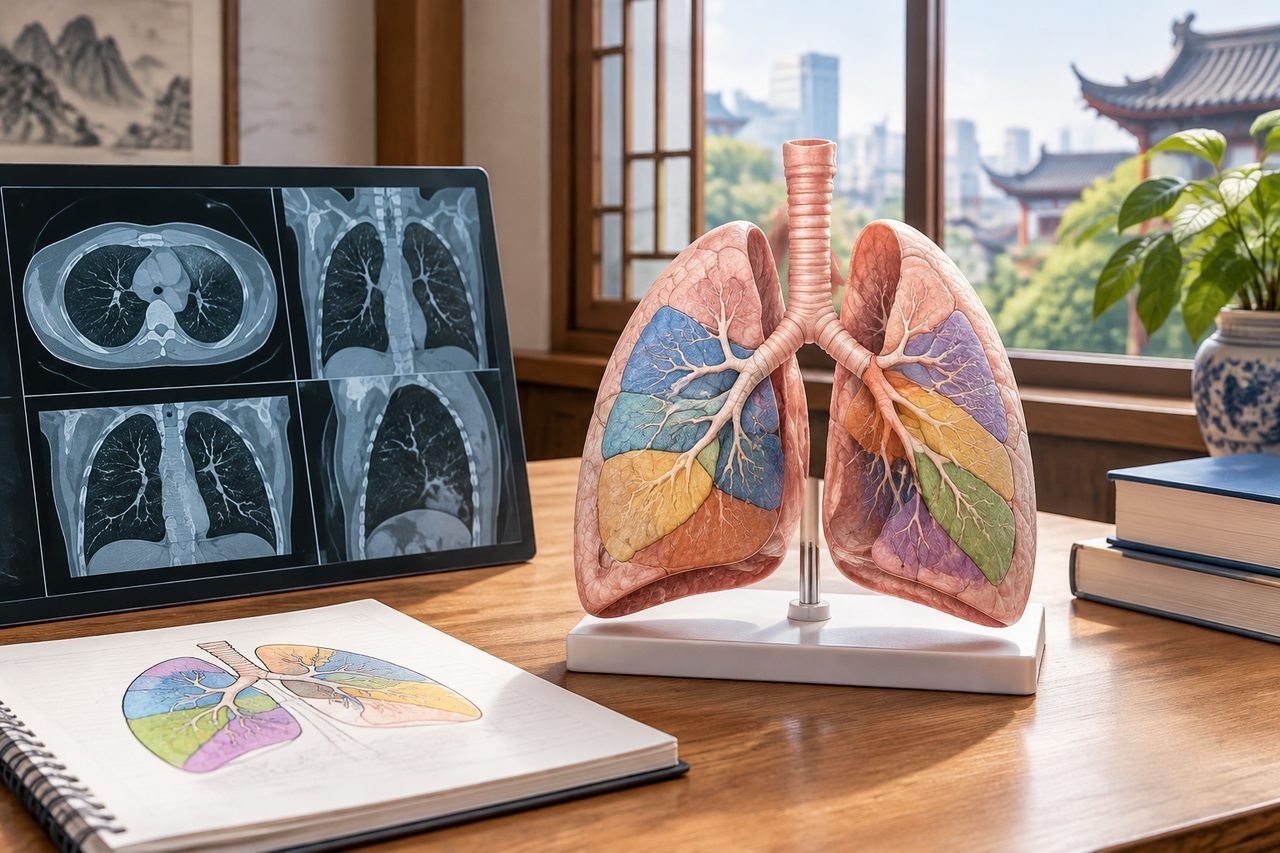 AI illustration: A detailed anatomical model of lungs is displayed alongside CT scans and a sketch of the lungs in a well-lit room.