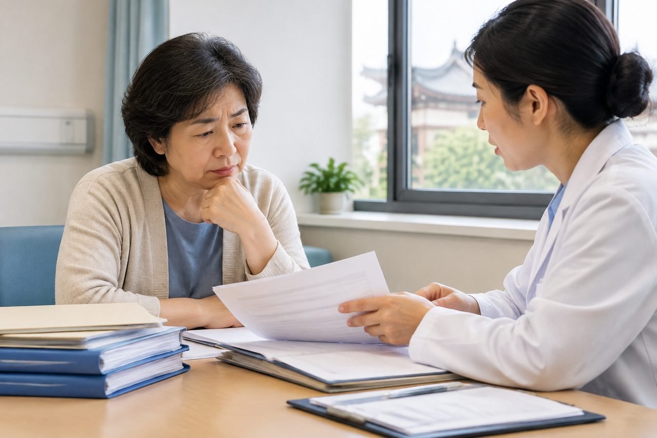 AI illustration: A doctor discusses documents with a patient in a consultation room.