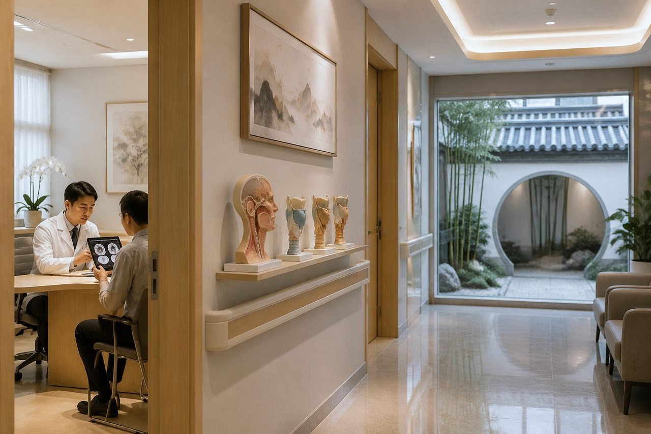 Illustrative image: A doctor discusses medical images with a patient in a modern clinic room featuring anatomical models.
