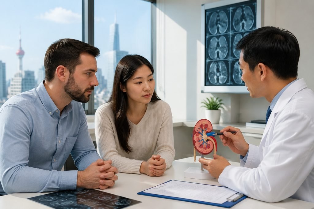 Illustrative image: A doctor explains kidney anatomy to a couple during a medical consultation in a clinic room.