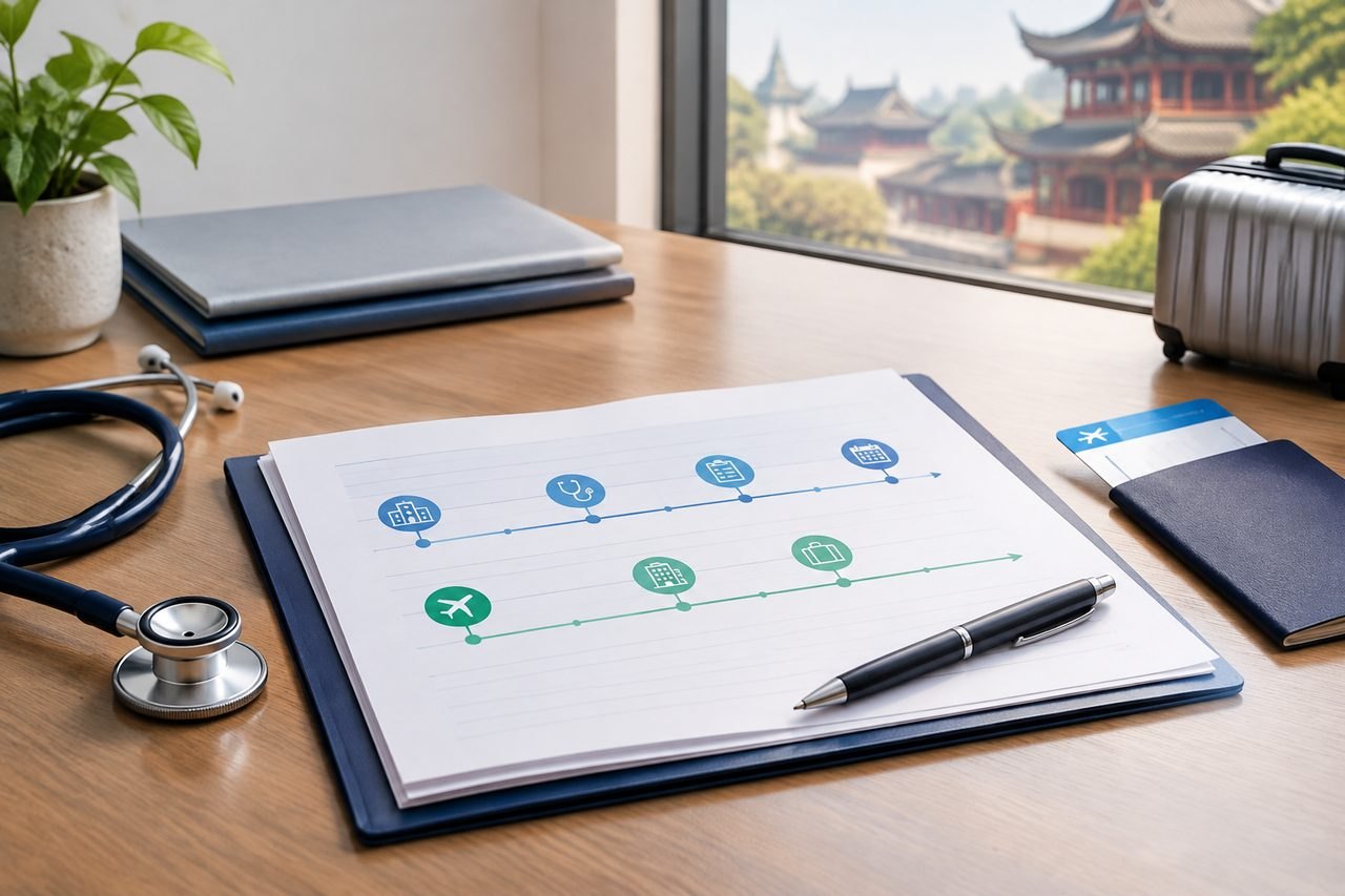 AI illustration: A workspace featuring medical travel planning materials, including a stethoscope, documents, and travel essentials.