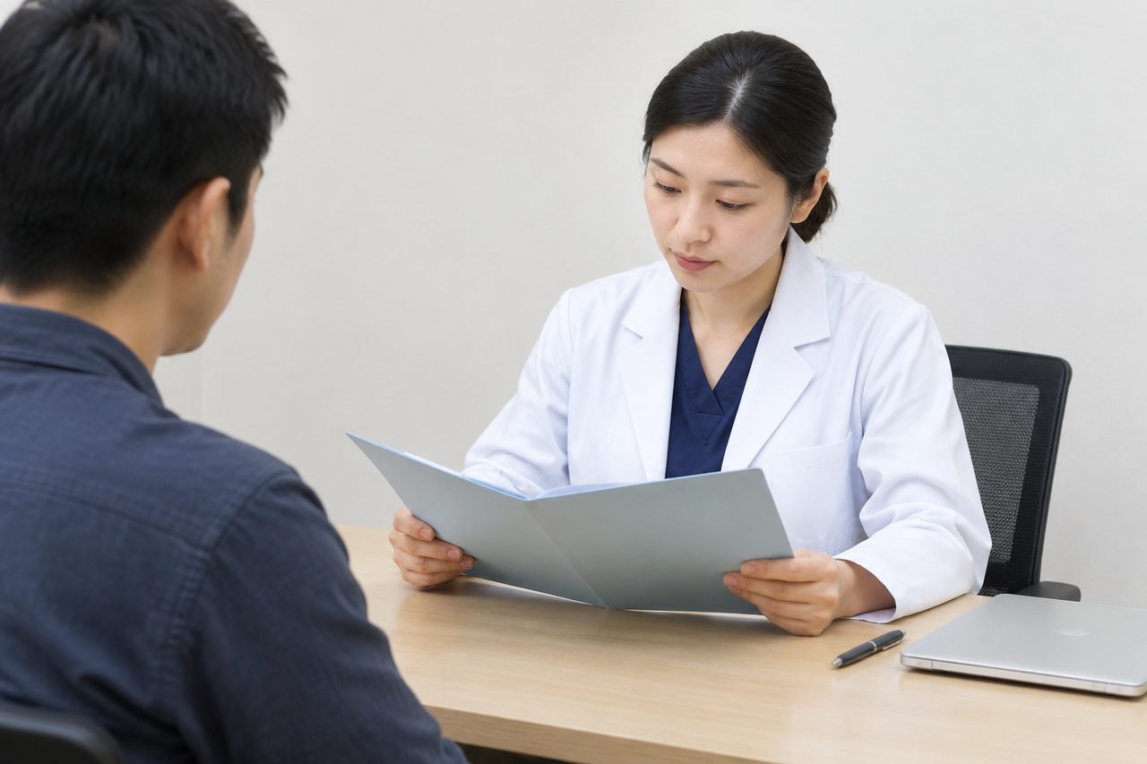 AI illustration: A doctor discusses information with a patient during a consultation.