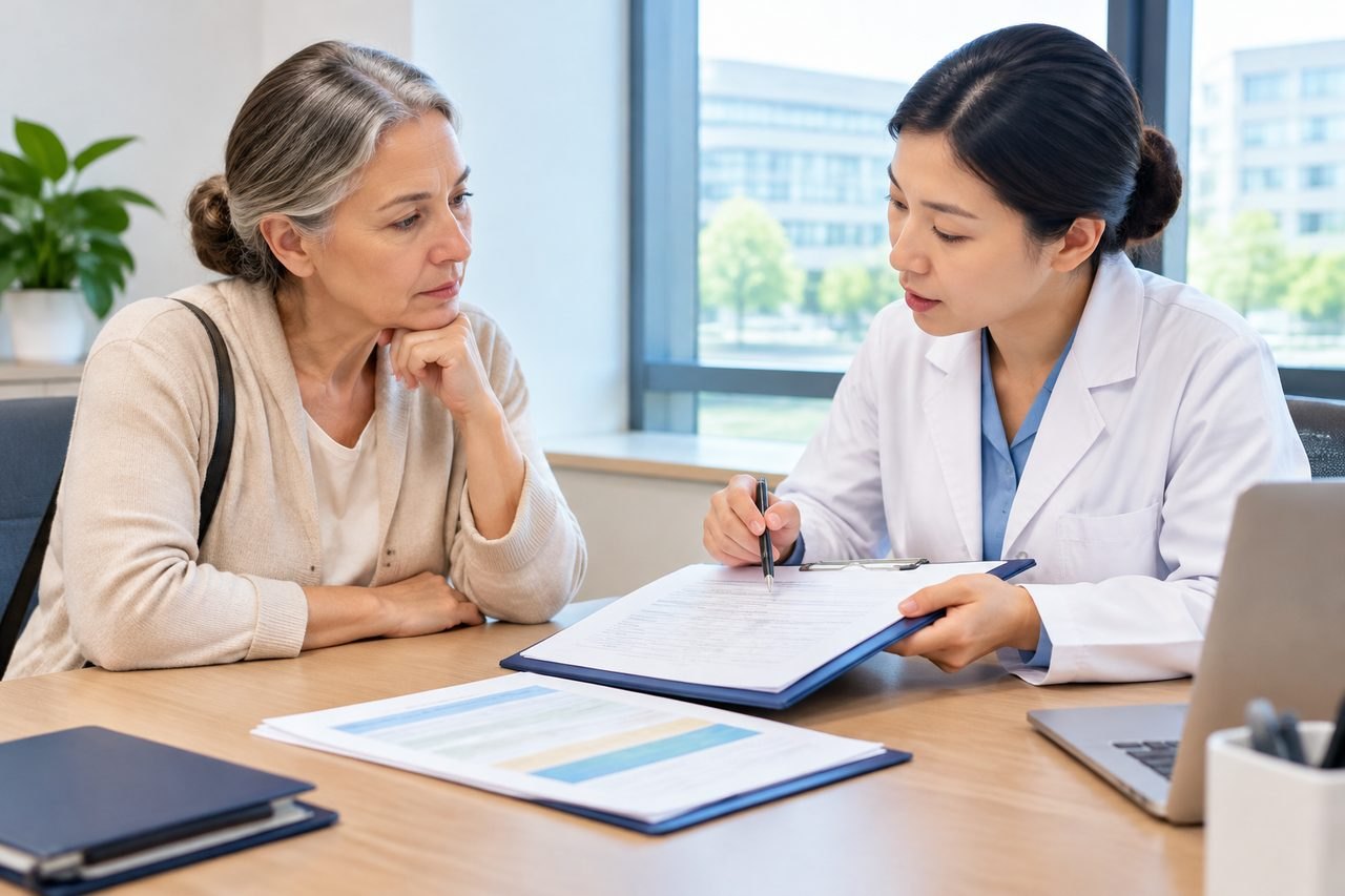 AI illustration: A doctor discusses medical information with a patient during a consultation.