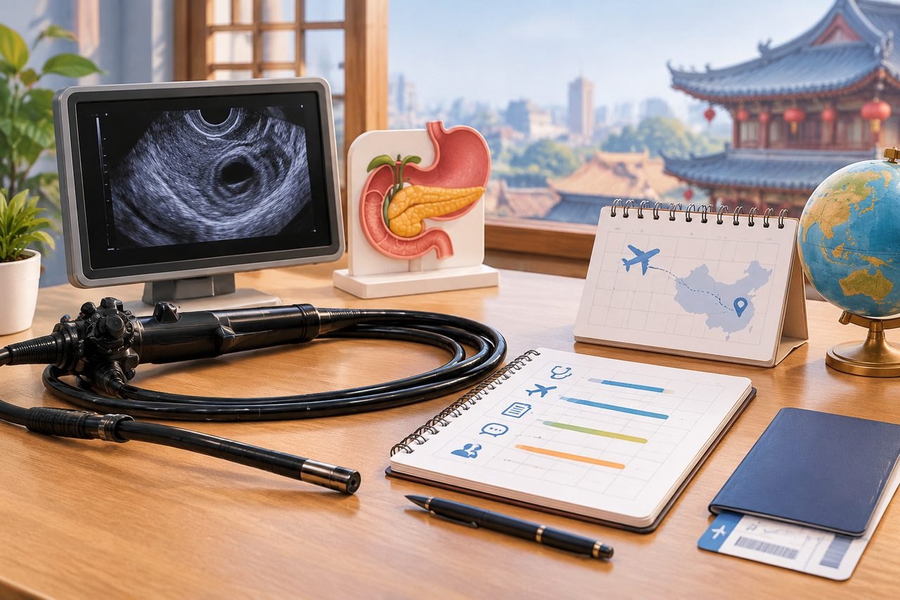 Illustrative image: A medical workspace featuring an endoscope, ultrasound monitor, anatomical model, and travel-related items.