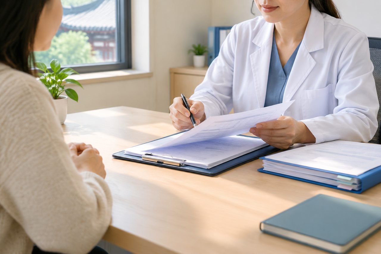Illustrative image: A doctor discusses paperwork with a patient during a consultation in a well-lit office.