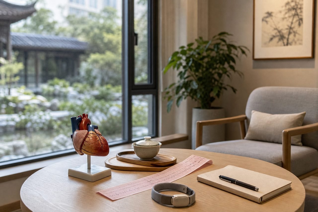 Illustrative image: A consultation room featuring a heart model, a notebook, and a plant by the window.