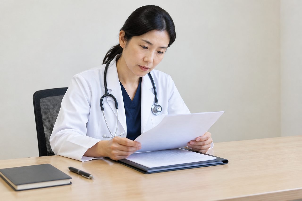 AI illustration: A doctor reviews documents in a clinical setting.