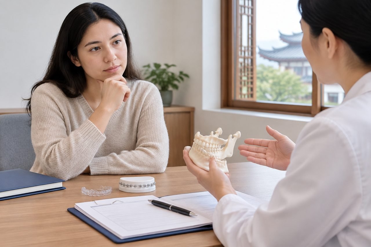 AI illustration: A dental consultation where a patient discusses treatment options with a dentist using a jaw model.