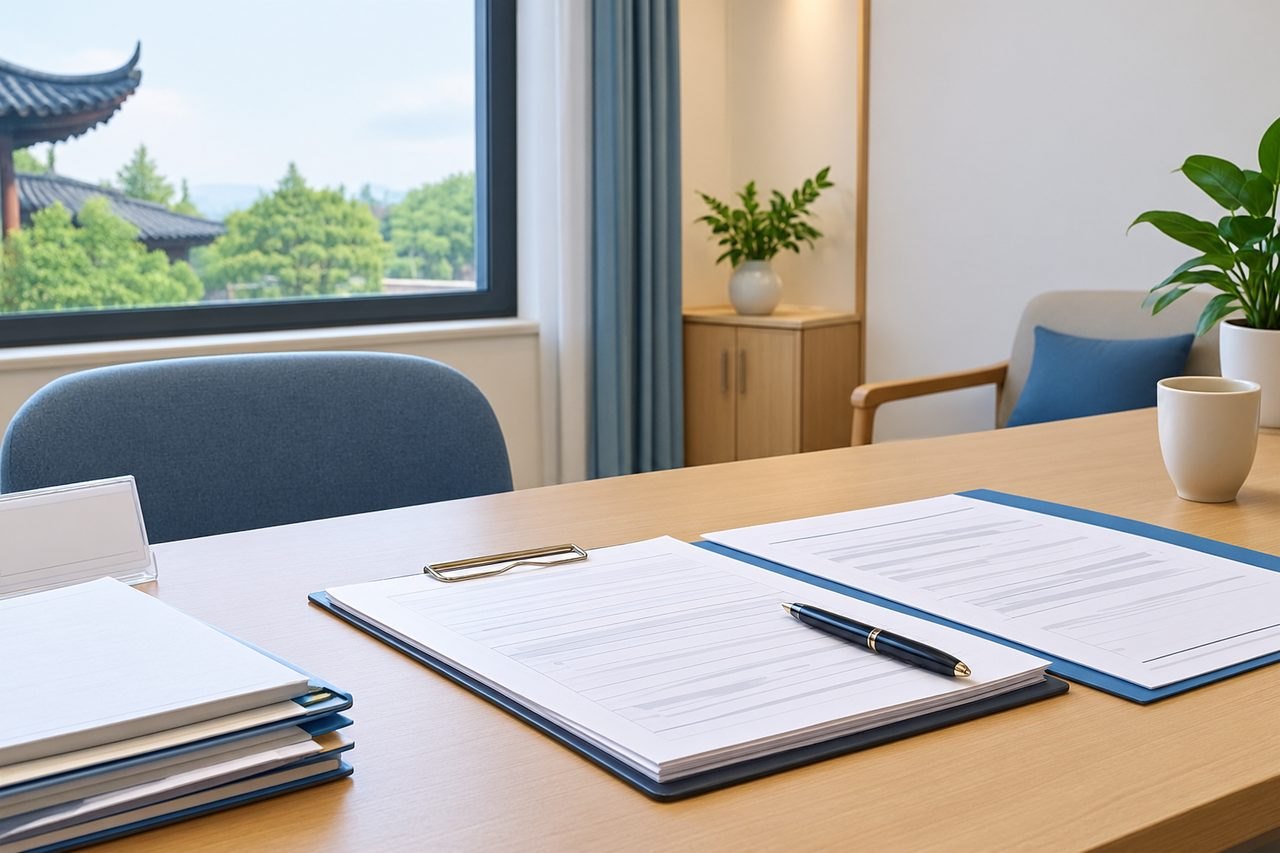 AI illustration: A modern office desk with documents, a pen, and a plant, featuring a view of greenery outside.
