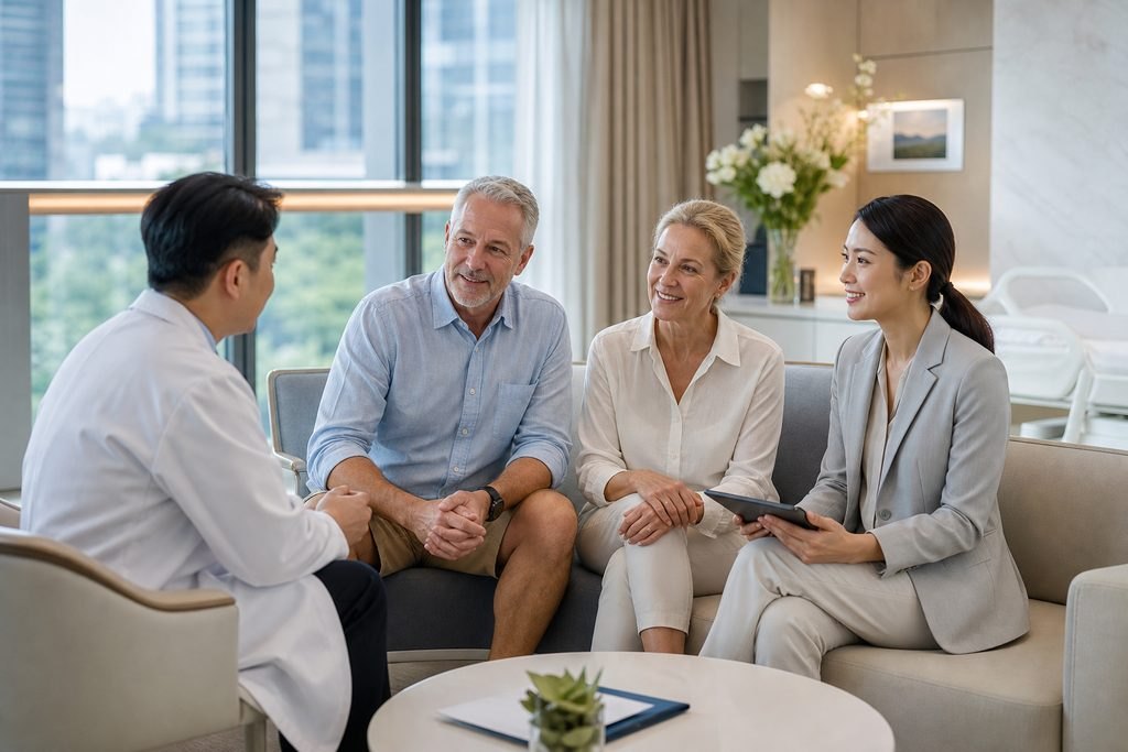 Illustrative image: A doctor discusses with a patient and two companions in a modern consultation room.