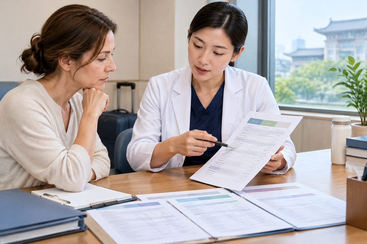 AI illustration: A medical consultation taking place between a doctor and a patient, discussing documents.