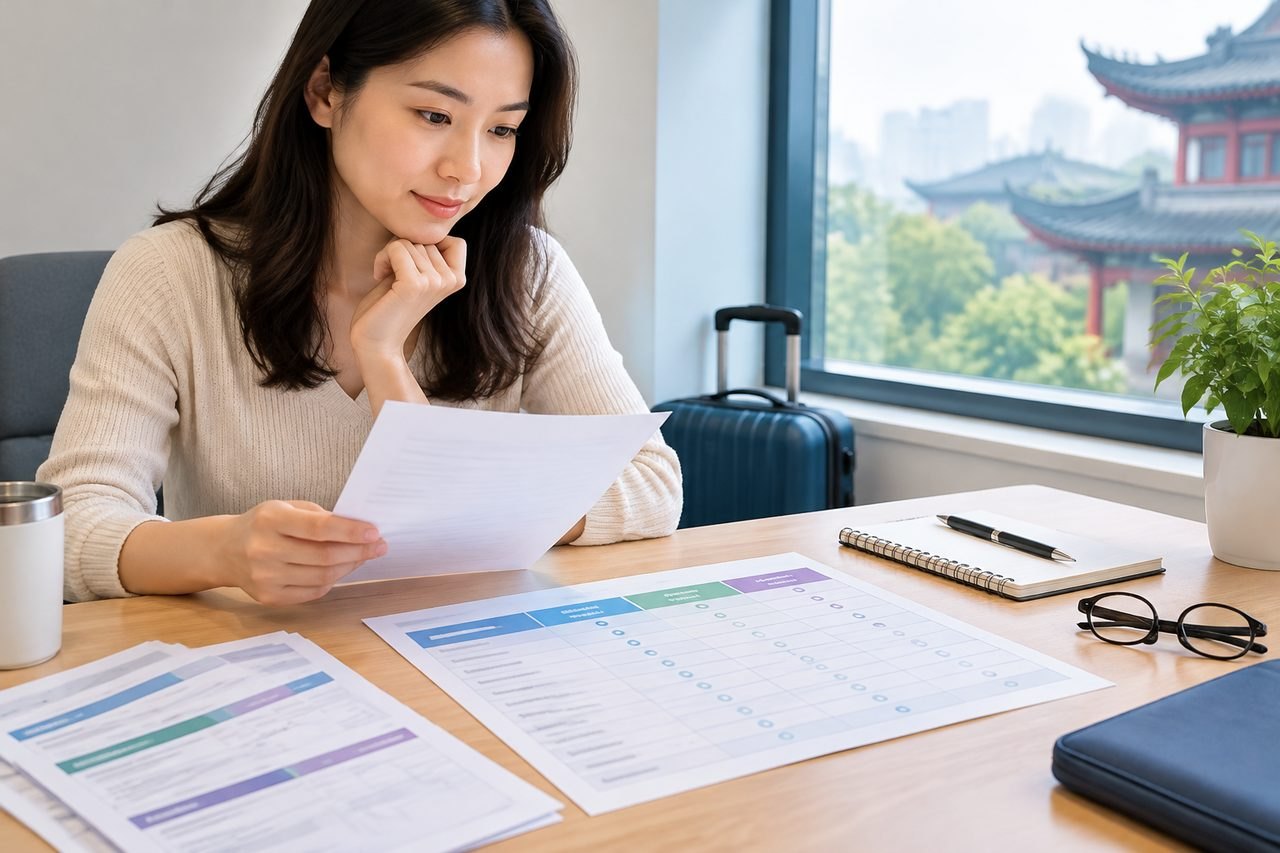AI illustration: A woman reviews documents at a desk with a suitcase and a plant in the background.