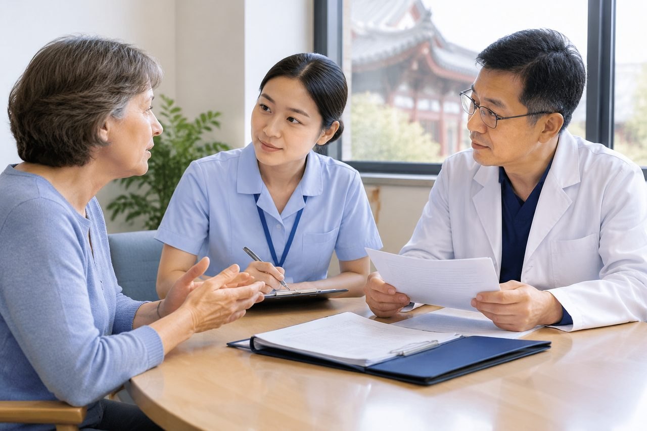 AI illustration: A doctor and nurse discuss a patient's concerns during a consultation.