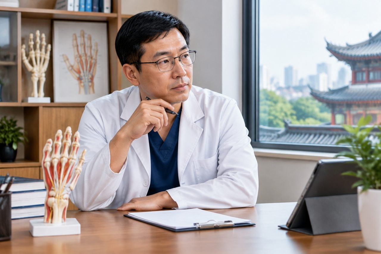 Illustrative image: A doctor in a consultation room is deep in thought while reviewing notes and anatomical models.