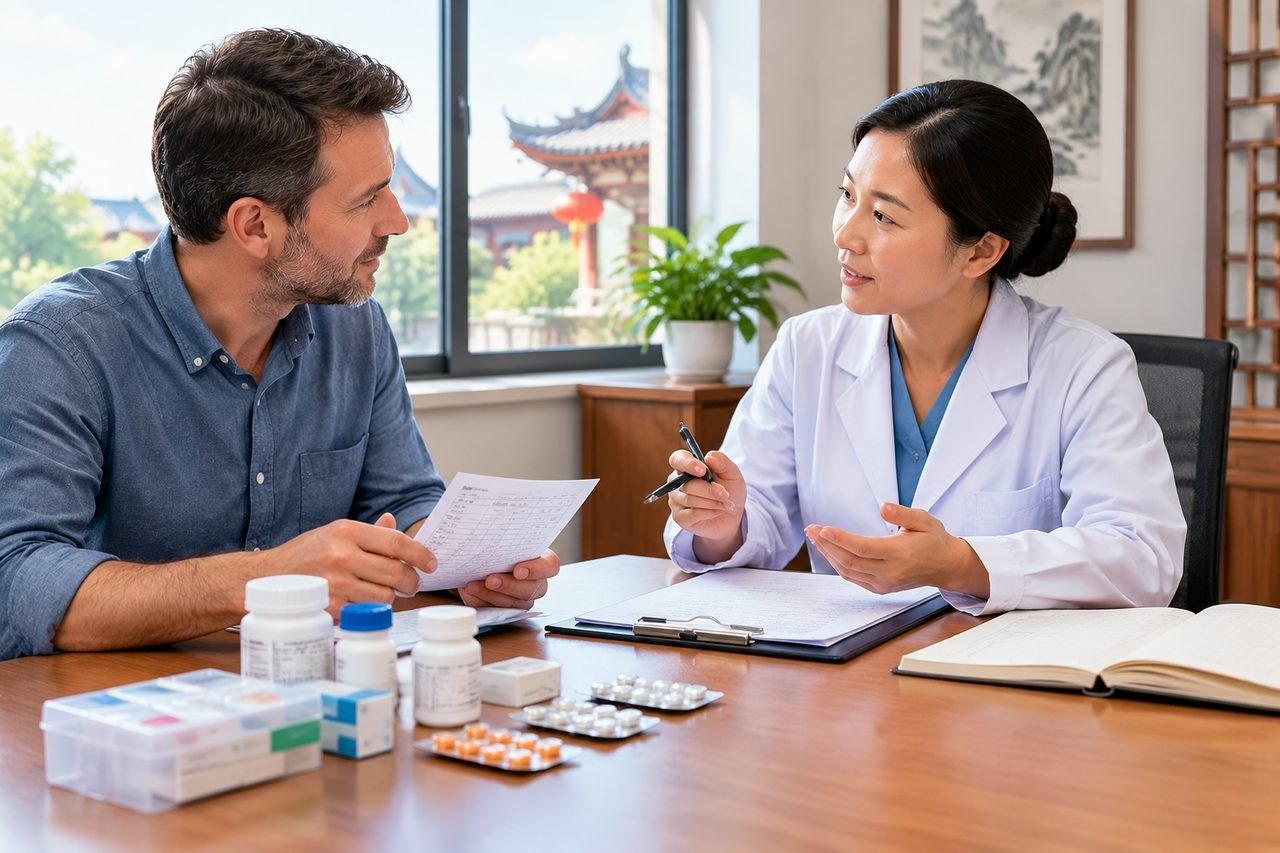 Editorial illustration: Taking Several Medicines to China: Organising a Medication List