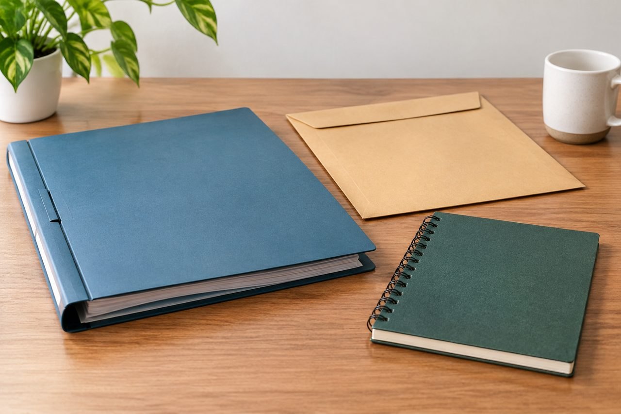 AI illustration: A collection of office supplies including a folder, notebook, envelope, and a cup on a wooden table.