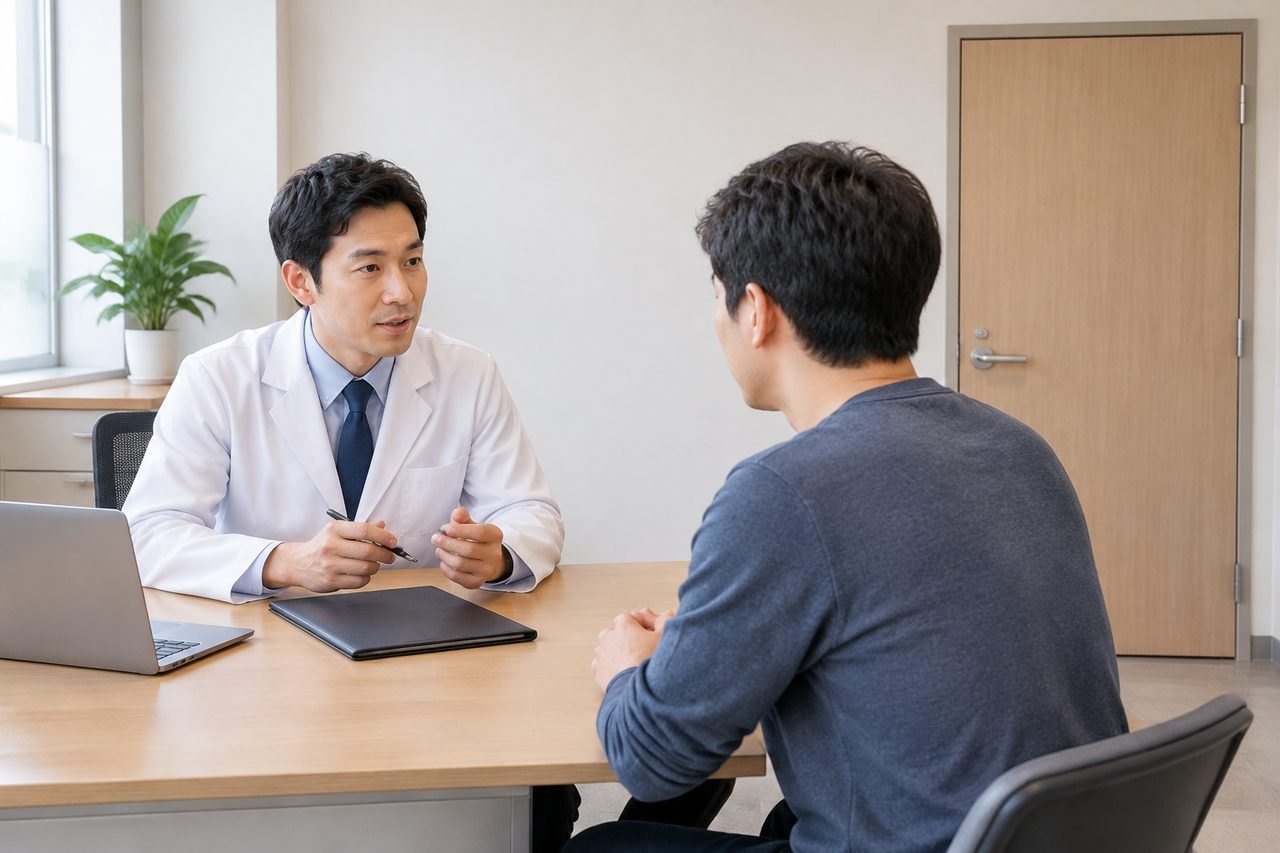 AI illustration: A doctor discusses with a patient in a consultation room.