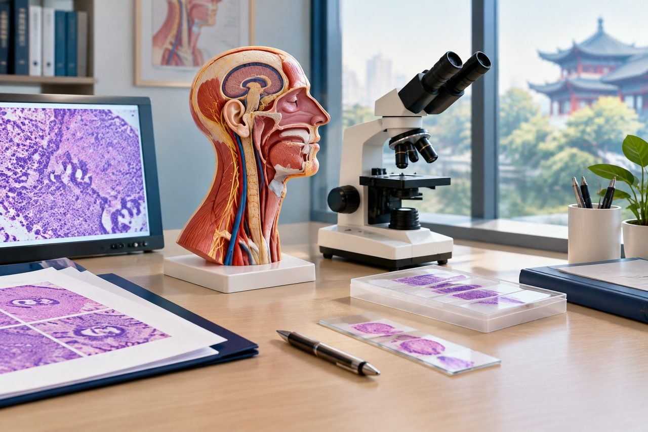 Illustrative image: A medical workspace featuring an anatomical model of the head, a microscope, and histology slides.