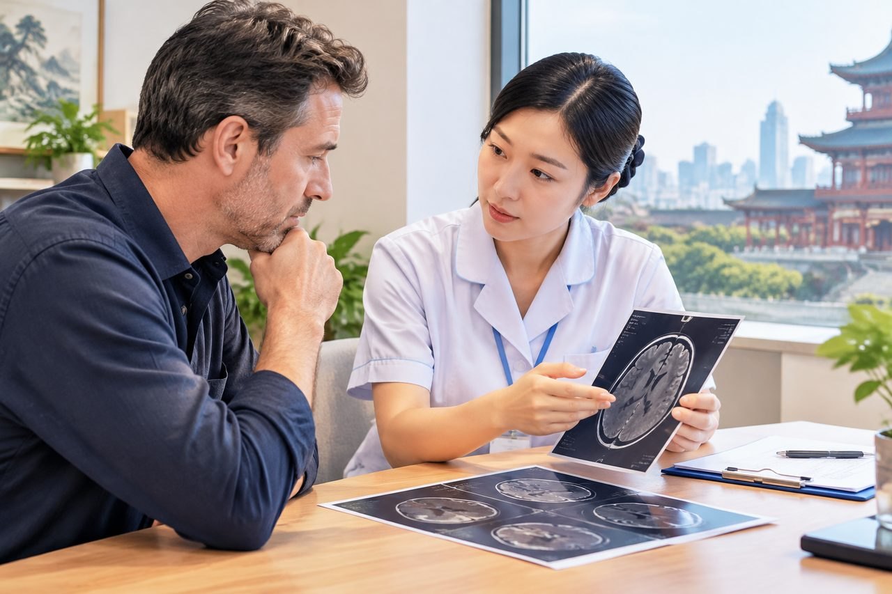 Illustrative image: A doctor discusses MRI scans with a patient in a consultation room.