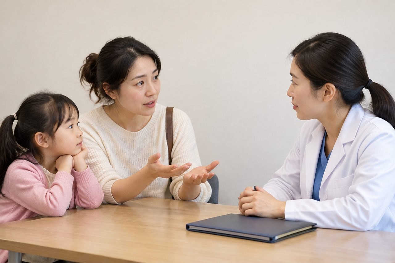 AI illustration: A mother discusses with a doctor while her daughter listens attentively during a consultation.