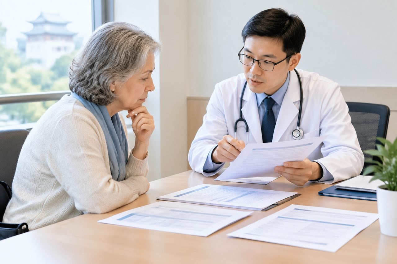 AI illustration: A doctor discusses medical documents with a patient during a consultation.