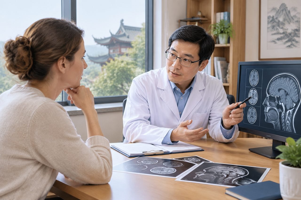 Illustrative image: A doctor discusses MRI scans with a patient in a consultation room.
