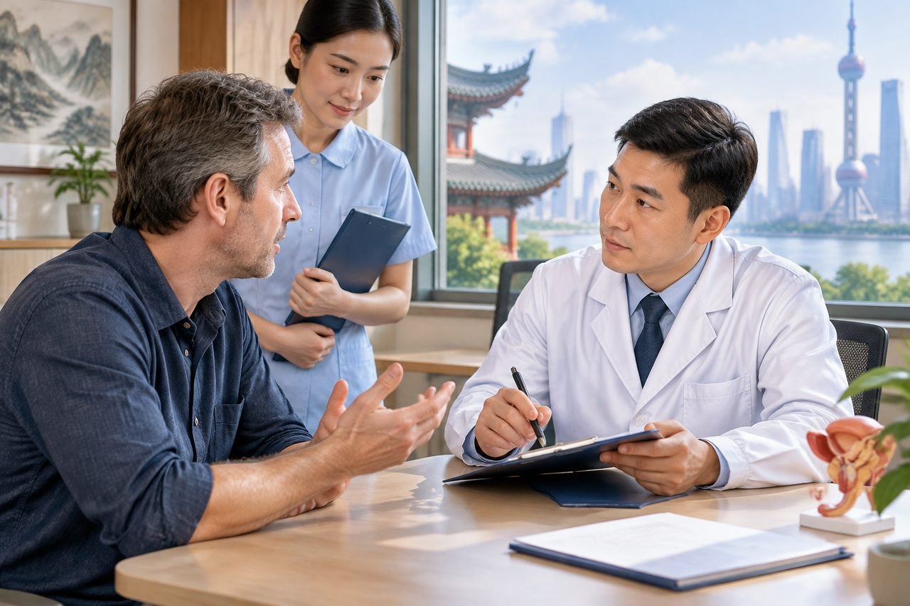 Illustrative image: A doctor discusses with a patient in a consultation room with a city skyline view.