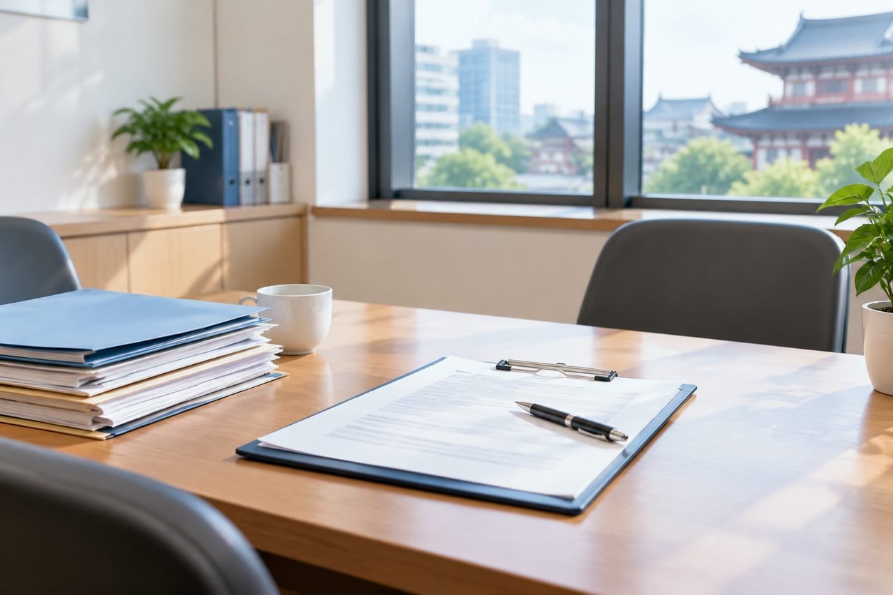 AI illustration: A well-organized office space featuring documents, a pen, and a cup of coffee on a wooden table.