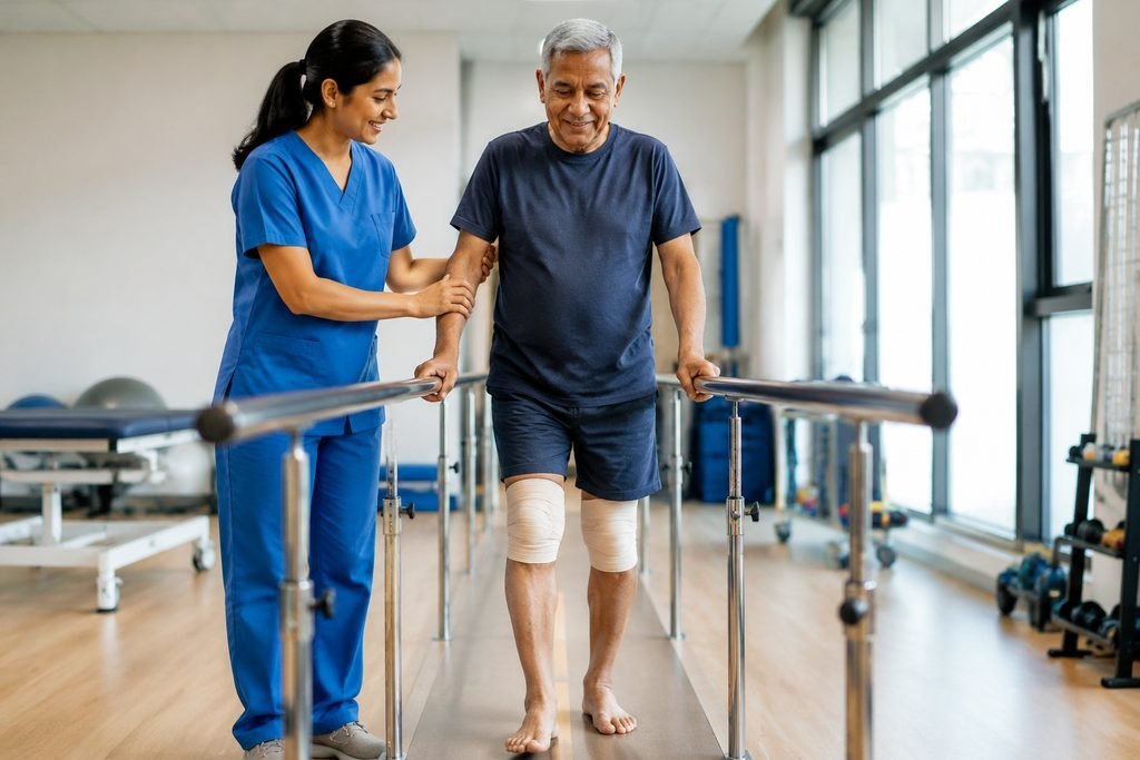 Illustrative image: A physical therapist assists an elderly patient during rehabilitation in a therapy room.