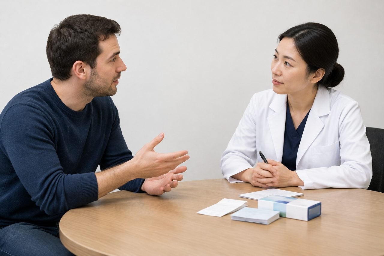 AI illustration: A patient discusses with a medical professional in a consultation setting.