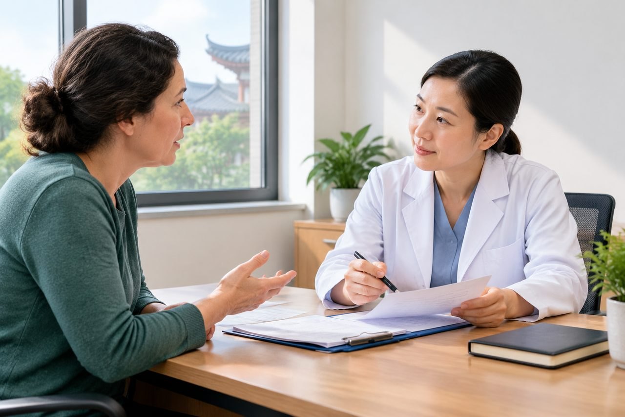 AI illustration: A doctor and patient engage in a consultation in a clinic setting.
