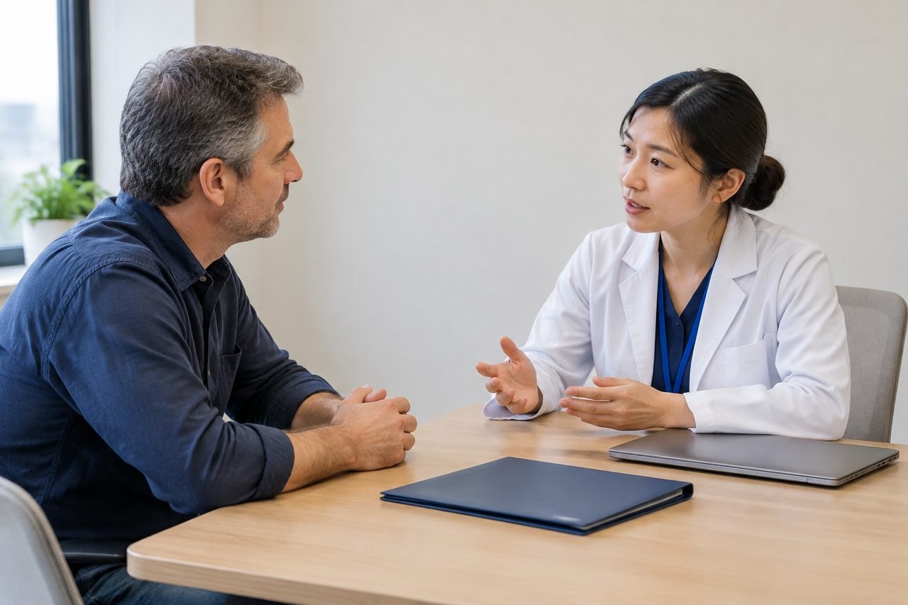 AI illustration: A doctor discusses with a patient in a consultation room.