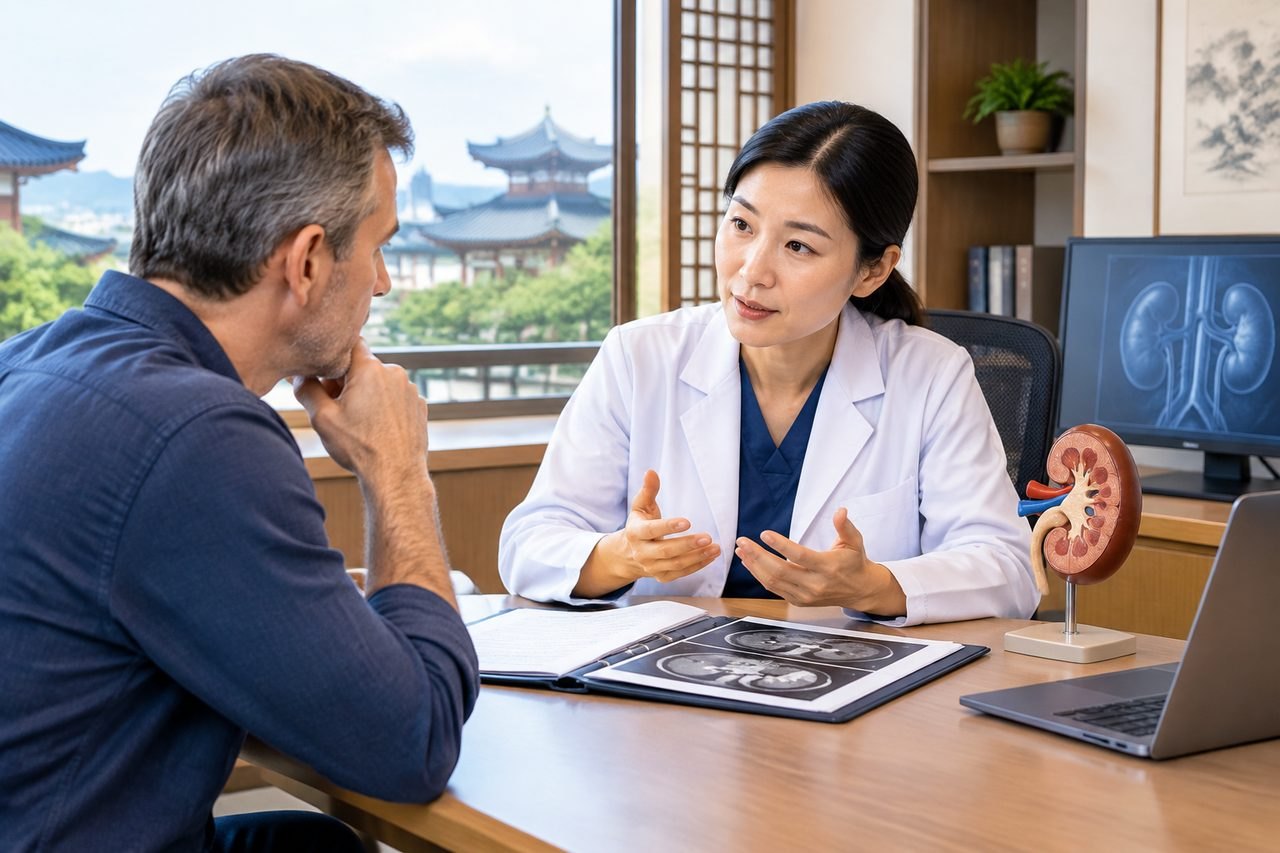 AI illustration: A doctor discusses kidney health with a patient, using a model and medical images during a consultation.
