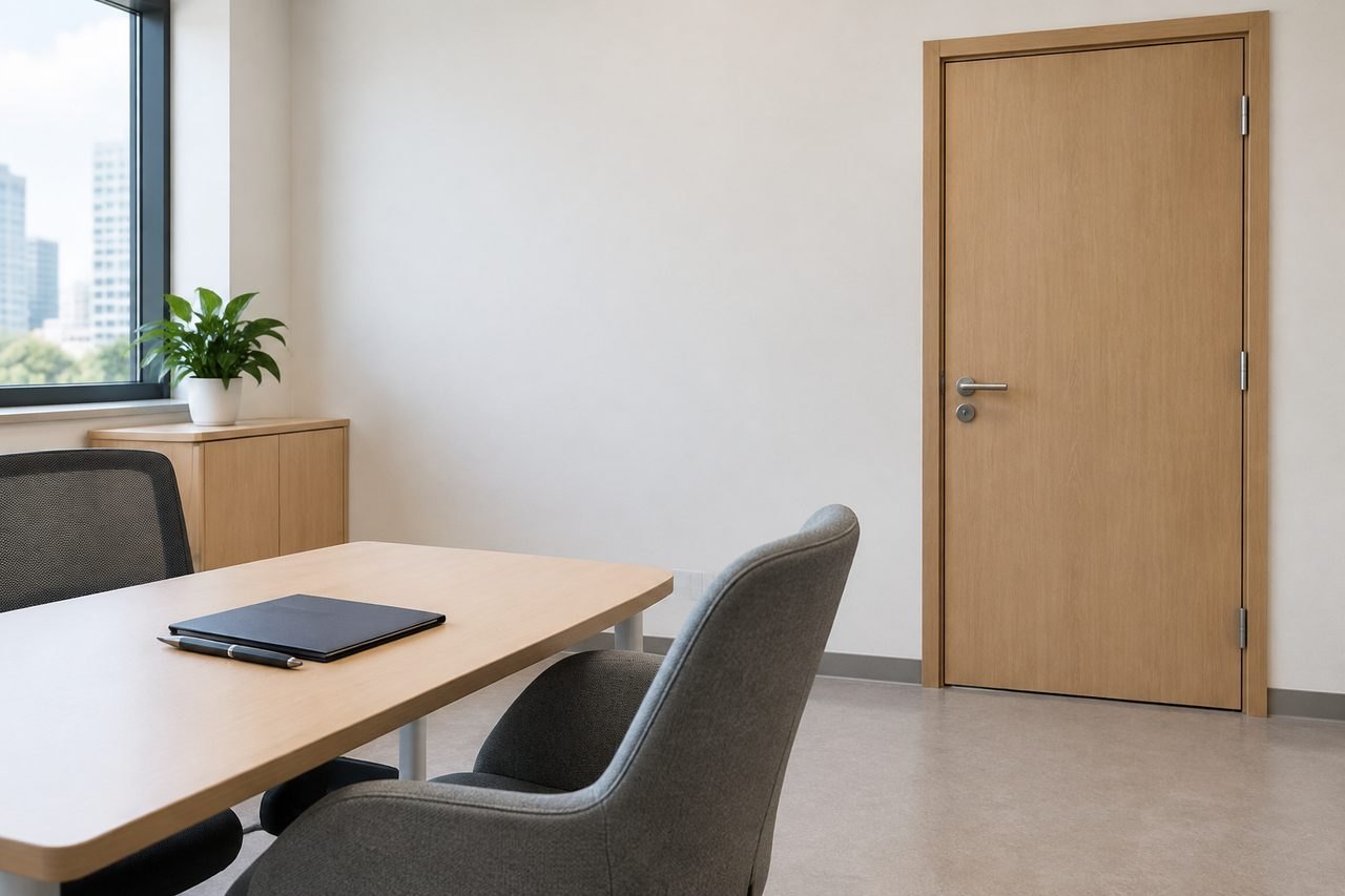 AI illustration: A modern office space featuring a table, chairs, and a door.