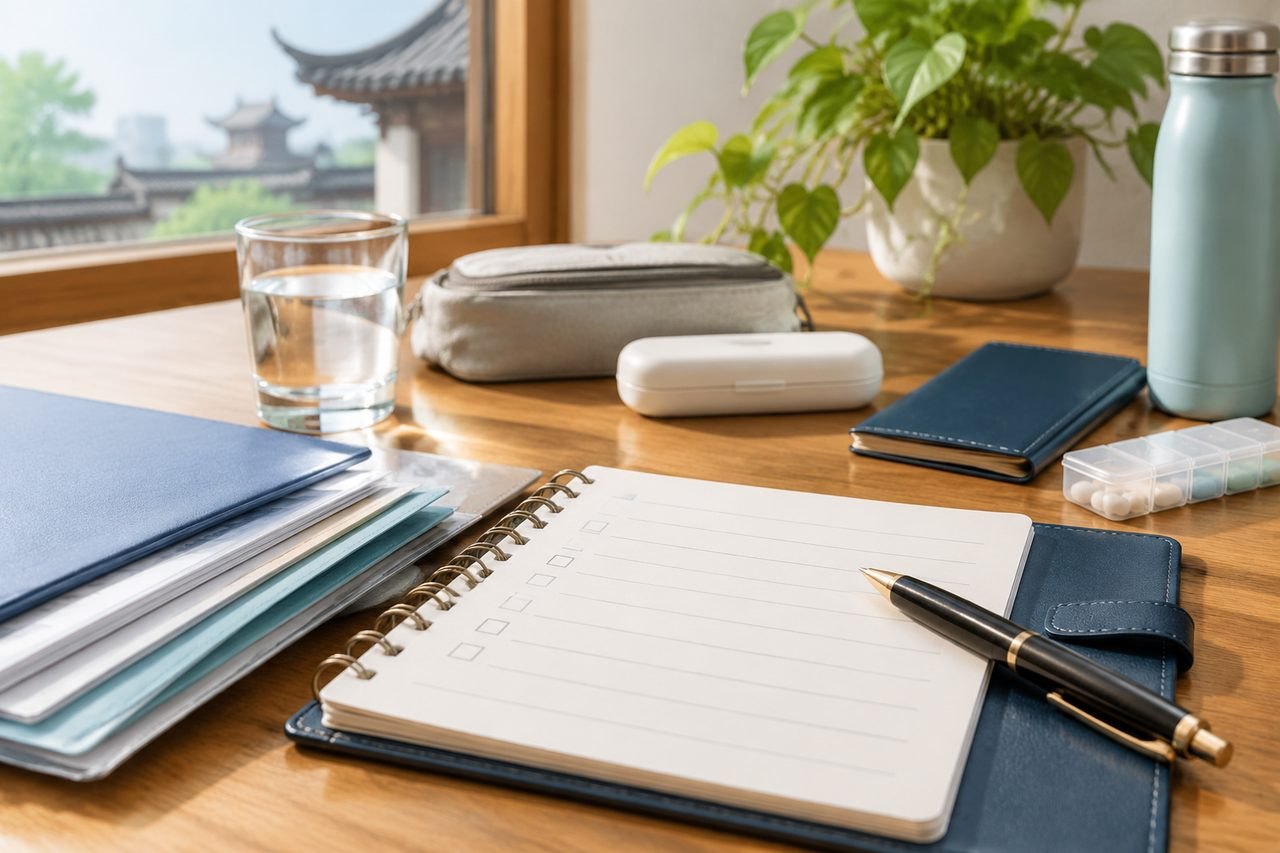AI illustration: A workspace featuring a notebook, pen, water glass, and various personal items on a wooden table.