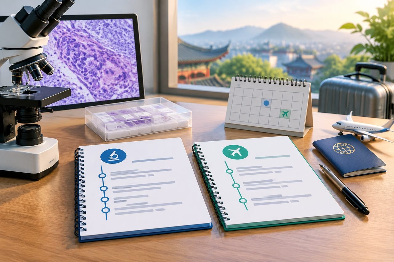 AI illustration: A workspace featuring a microscope, travel documents, and a calendar, indicating a blend of medical and travel planning activities.