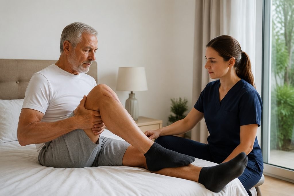 Illustrative image: A healthcare professional assists an elderly patient with leg discomfort in a home setting.