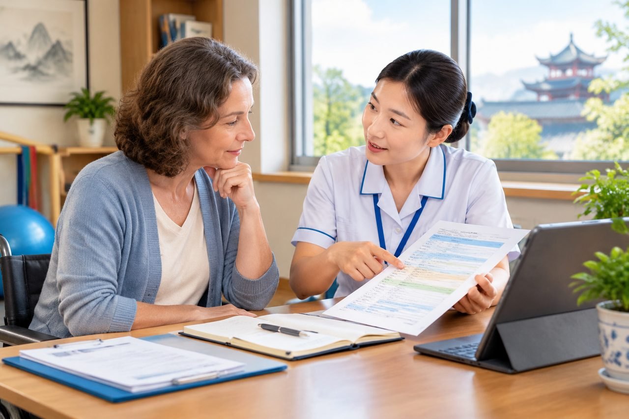 AI illustration: A healthcare professional discusses a document with a patient in a consultation room.