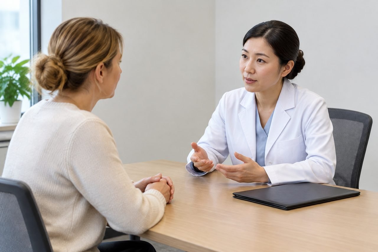 AI illustration: A doctor discusses with a patient in a consultation room.