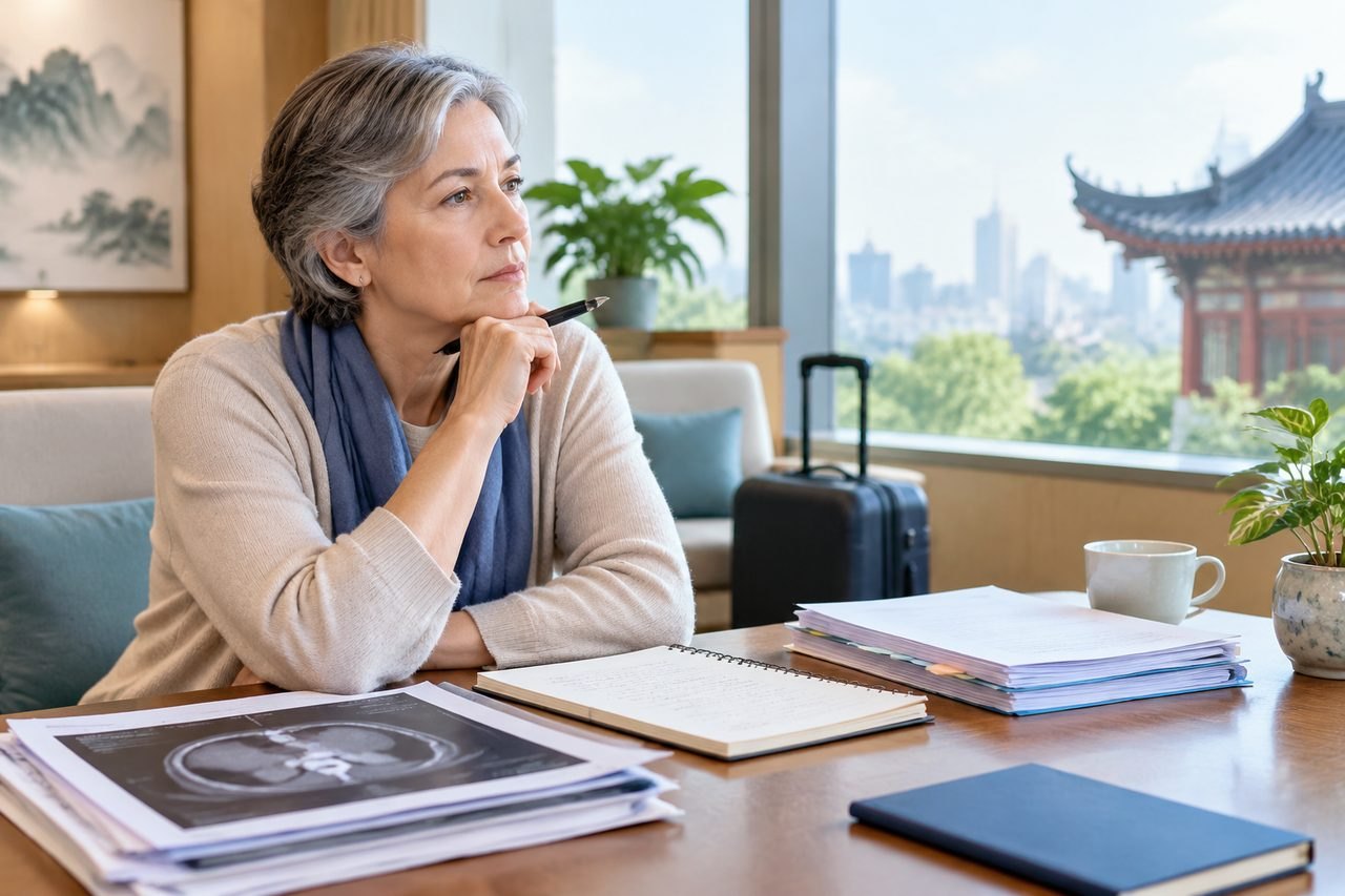 Illustrative image: A woman reflects while seated at a table with medical documents and a view of a city skyline.