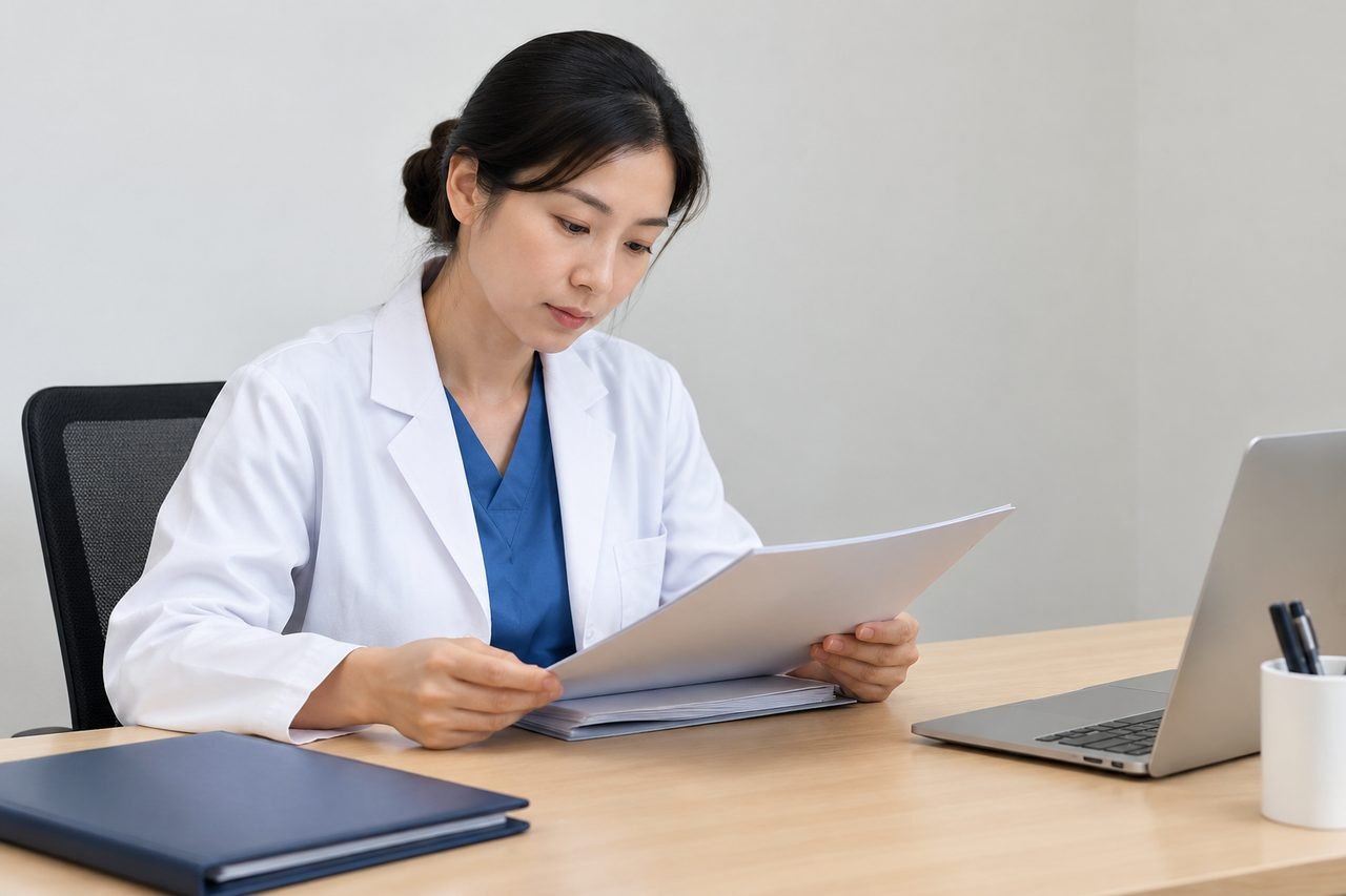AI illustration: A medical professional reviews documents at a desk with a laptop and folders.
