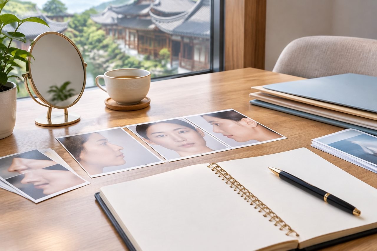 AI illustration: A workspace featuring a mirror, photographs, a notebook, and a cup of tea, with a scenic view in the background.