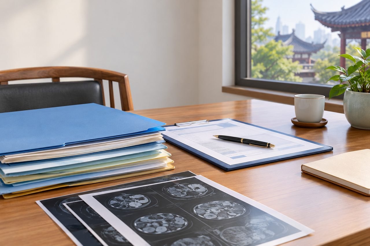 AI illustration: A desk with medical documents, a pen, and a cup of coffee, overlooking a city skyline.