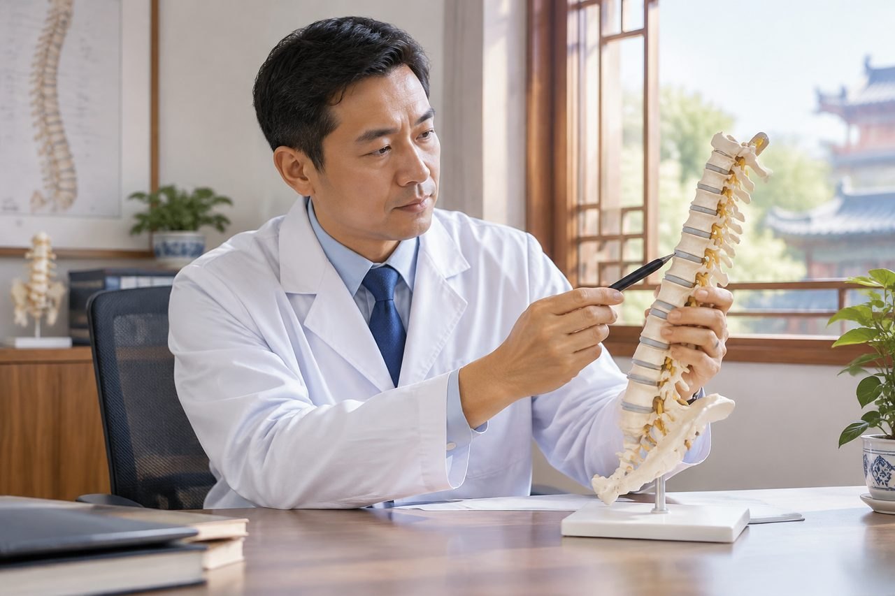 Illustrative image: A doctor discusses a spinal model in a clinical setting.