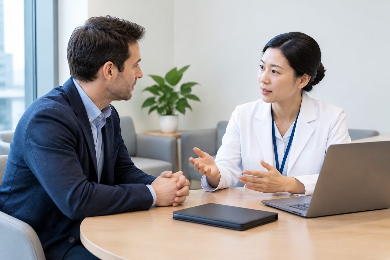 AI illustration: A doctor discusses with a patient in a consultation room.