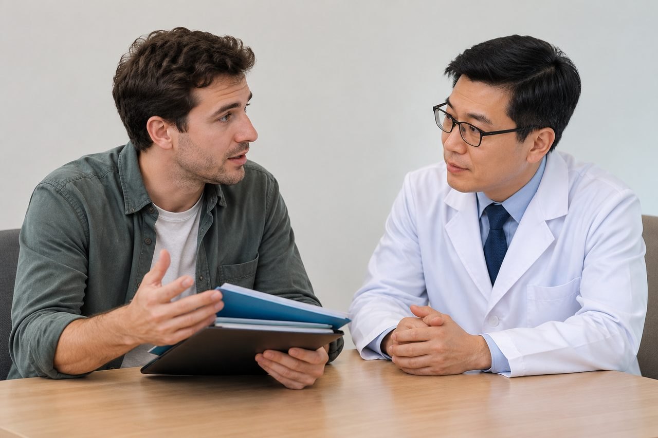 AI illustration: A doctor and a patient engage in a consultation, discussing medical information.