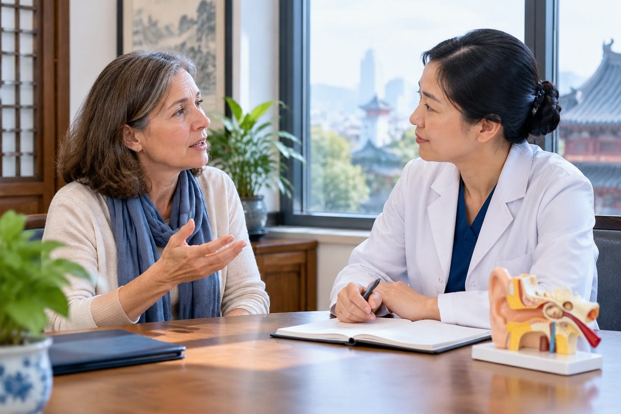 Illustrative image: A doctor and patient engage in a consultation in a well-lit office with anatomical models present.