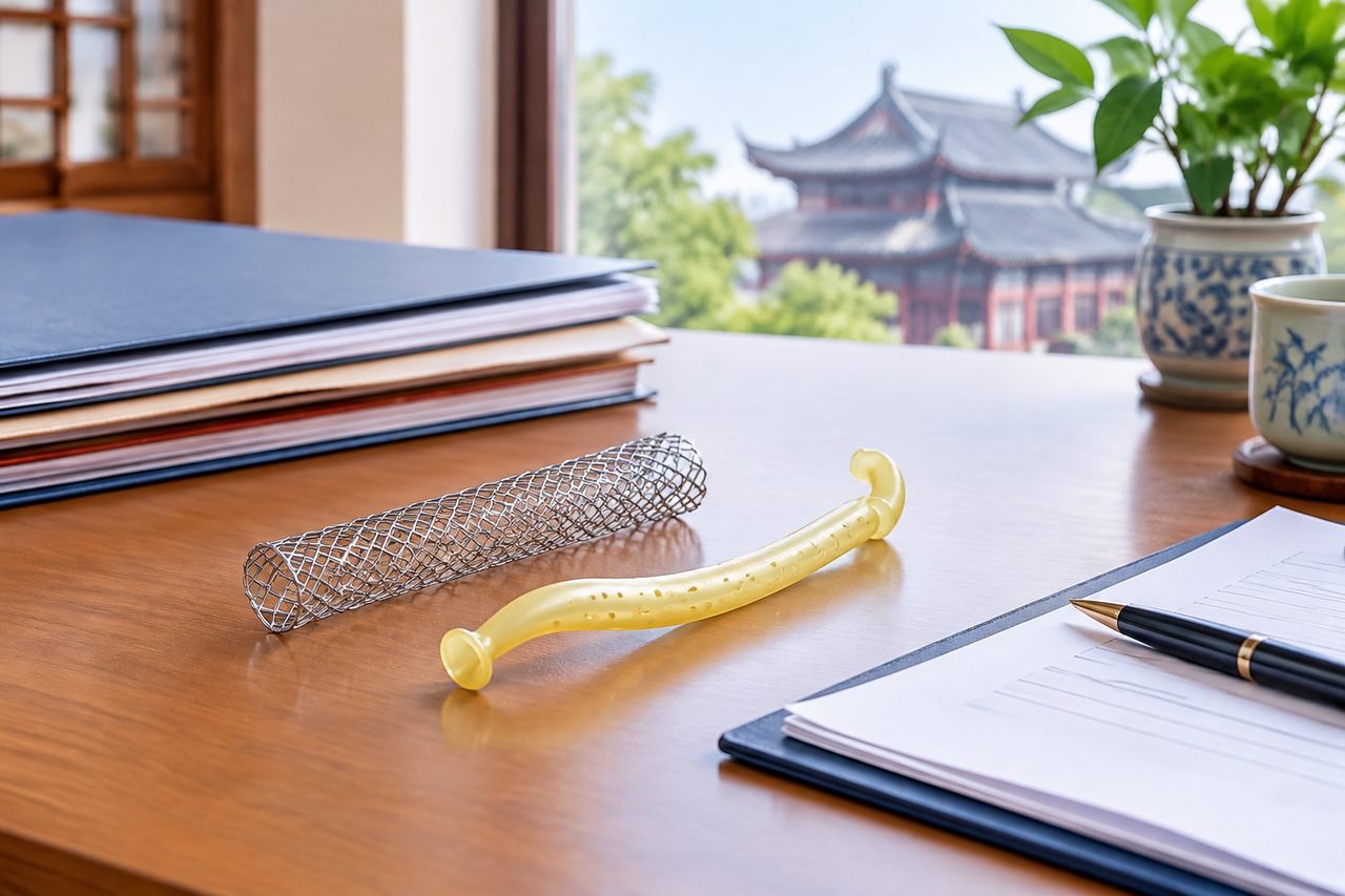 AI illustration: A medical consultation setting featuring medical tools and documents on a desk with a view of traditional architecture outside.