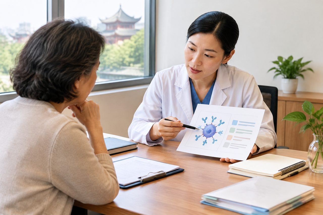AI illustration: A doctor explains a medical diagram to a patient during a consultation.