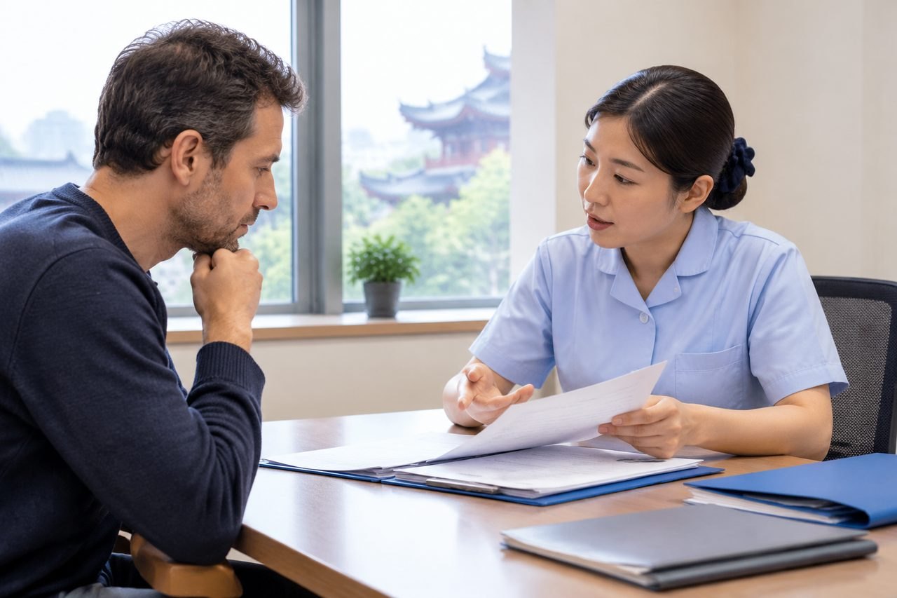 AI illustration: A healthcare professional discusses documents with a patient in a consultation room.